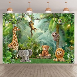 Luminora 7x5ft Jungle Wild Animal Cartoon Photography Backdrop Giraffe Lion Elephant Bear Monkey Baby Shower Birthday Party Decorations Banner Photo Props
