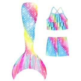 Mermaid Swimsuit for Girls Little Girls Swimsuit Cute Bathing Suits Tankini Swimsuits with Short Rainbow Fish Tail Size 6 7