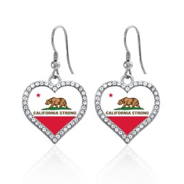Inspired Silver - California Strong Flag - Silver Dangle Earrings for Women - Open Heart Charm Earrings French Hook Drop with Cubic Zirconia - Women's Dangly Earrings Jewelry Gift