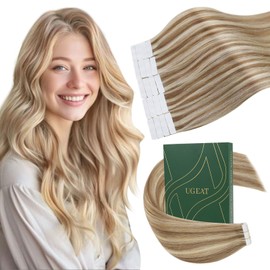 Ugeat Tape in Human Hair Extensions for Short 12 Inch Golden Brown Highlights Bleach Blonde Seamless and Invisible Tape in Hair Extensions Human Hair 20Pcs 30G