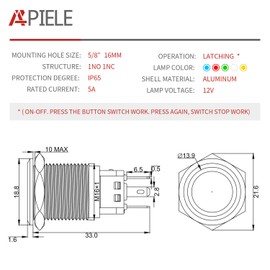 APIELE 16mm Latching Push Button Switch 12V DC On Off Black Shell with LED Angel Eye Head for 0.63" Mounting Hole with Wire Socket Plug Self-Locking (Green/Black Shell)