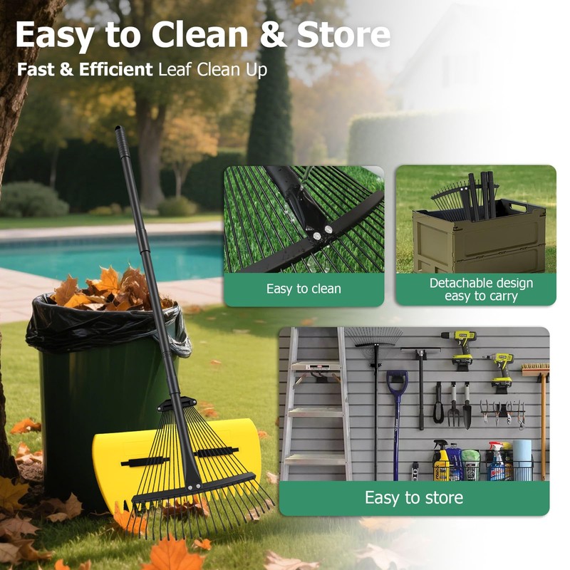 Extra Wide 22-Tines Adjustable Leaf Rake & Leaf Scoops Set,