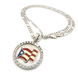 Fashion 21 Puerto Rico Flag Pendant 5mm 24" Figaro Chain Necklace Silver Tone