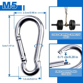 20PCS stainless steel spring clasp, 1.97-inch carabiners, M5 stainless steel spring snaps, heavy-duty hooks. Suitable for pet tags, hiking tents, swing brackets, as well as ropes, chains and key rings