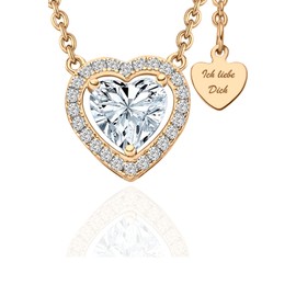 Necklace 925 Silver / Rose Gold / Gold | Heart Chain with Large Cubic Zirconia Stone | with Heart Pendant | *Ich Liebe Dich* | Jewellery Gift for Women, Girlfriend (German language), Cubic Zirconia