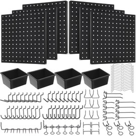 Hicarer 90 Pcs Pegboard Kit Include 6 Pcs 12 x 12 Inches Metal Peg Board 80 Various Shapes Hooks Peg Locks 4 Pegboard Bins for Craft Room Garage Workshop Kitchen Tools Organizer(Black)