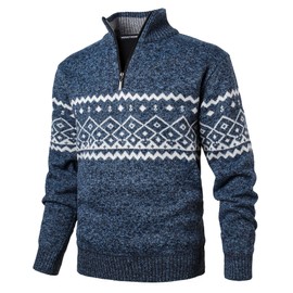 Herothorn Mens 1/4 Zip Christmas Knit Jumper Casual Festive Sweater Long Sleeve Fleece Lined Pullover Novelty Turtle Neck Quarter Zip Knitwear Top Navy Blue
