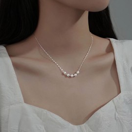 Atentuyi Boho Pearl Pendant Necklace Silver Dainty Pearl Necklace Tiny Beaded Pearl Strand Necklace Small Bead Pearl Choker Fine Lace Thin Chain Simple Necklace for Women Wedding Bridesmaid Jewelry