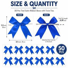 50 Royal Blue Pre-Tied Satin Ribbon Bows with Twist Ties, 3.1 Inch Decorative Gift Bows for Gift Wrapping, Favor Bags, Treat Bags, Bottle Decoration, Wedding Baby Shower Party Favors
