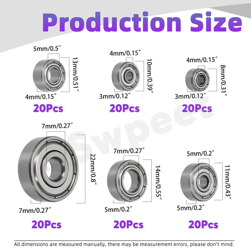 Swpeet 120Pcs 6 Sizes 693ZZ, 623ZZ, 624ZZ, 685ZZ, 687ZZ,627ZZ Ball
