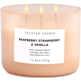Raspberry Strawberry Vanilla 3-Wick Scented Soy Candle 15.8 oz | Large Sweet Berry Vanilla Scented Candle for Home | Stress Relief & Relaxing Aromatherapy Candle | Strong Throw & Long-Lasting