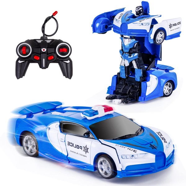 Kazzley Transform Remote Controlled Car Toy for Children, Police Robot Car Transformer Toy Car RC Police Car with Remote Control Boy Gifts from 4 5 6 7 8 9 10 Years Blue