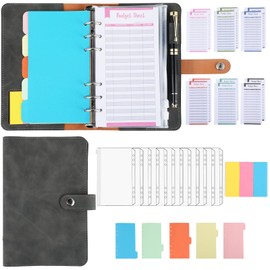 Budget Planner Binder A6 PU Leather Budget Folder Financial Planner Binder with Budget Sheets, Storage Pockets, Dividers and Sticky Notes for Budget Planning and Money Organisation (Grey)