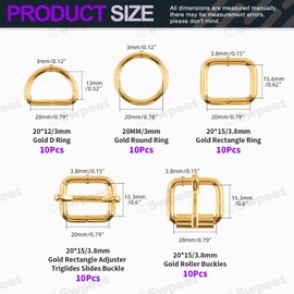 Swpeet 50Pcs 5 Style Approx 1 Inch Gold Belt Buckle Metal Buckles Assortment Kit, Include Metal Roller Buckles, Metal Adjustable Slide Buckles, D Ring, Circular Ring, Square Ring for Purse Bag