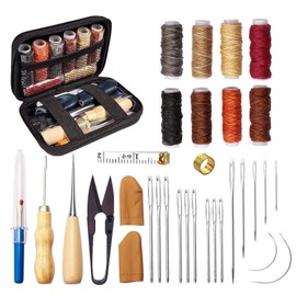 Leather Sewing Kit, Upholstery Repair Kit, Leather Stitching Tool Kit with Waxed Thread Leather Needles Drilling Awl, Leather Craft Hand Sewing Kit for Repair, Hand Sewing, DIY Leather Crafting