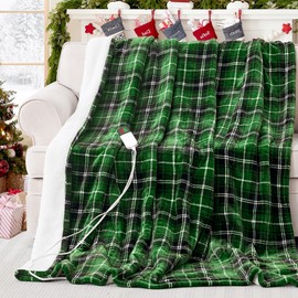 PTQ Electric Heated Blanket 50"x60",Fast Heated Throw with 8 Hours Auto Off/8 Heats Levels Over-Heat Protection,Soft Green Plaid Sherpa Electric Blanket with ETL Certification & Over-Heat Protection