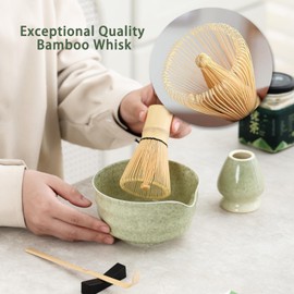 Matcha Set, Japanese Tea Set Includes Matcha Bowl with Spout, Matcha Whisk Holder, Bamboo Matcha Whisk and Bamboo Scoop, 17 oz Mottled Tea Green Glaze Ceramic Matcha Kit for Tea Lovers