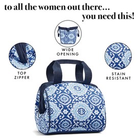 Fit & Fresh Charlotte Adult Insulated Lunch Bag with Carry Handles, Navy Medallion Bloom