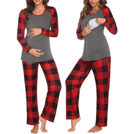 Ekouaer Nursing Pyjamas Women's Nursing Pyjamas Long Sleeve Pregnancy Maternity Fashion Nursing Fashion Thermal Leisure Suit S-XXL, Red chequered - grey