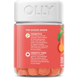 OLLY Probiotic + Prebiotic Gummy, Digestive Support and Gut Health, 500 Million CFUs, Fiber, Adult Chewable Supplement for Men and Women, Peach, 30 Day Supply - 30 Count