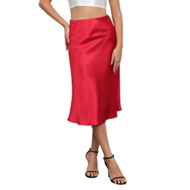 Mist Azur Womens Satin High Waisted Silky A-line Wedding Elegant Elastic Midi Skirt MA7302 (Red, L)