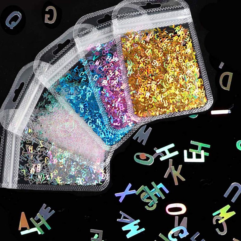 HELYZQ 5 Colores Alfabeto Letras holográficas Brillo Grueso Resina epoxi