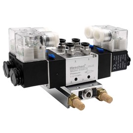 Heschen Electrical Pneumatic Twin Solenoid Valve 4V220-08 24VDC PT1/4 5 Way 2 Position Manifold Base, Muffler, Quick Fittings Set