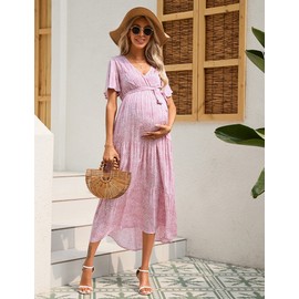 FUNJULY Maternity Dress Women's V-Neck Puff Sleeve Pleated Maternity Maxi Dress for Baby Shower or Casual Wear Pink Floral XL