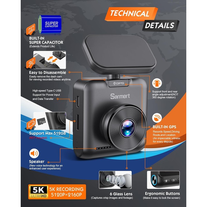 Sarmert C1 5K Dash Cam, Built-in GPS 5G WiFi, 5K/4K/2.5K