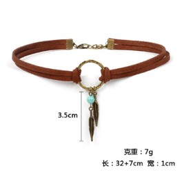 Lzz Suede Women's Necklace Native American Bohemian Feather Turquoise Beads Glamour Handmade Leather Short Necklace Adjustable Brown Leather Necklace