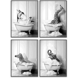 QPLGTU Bathroom Home Background Wall Decoration Poster, Black and White Highland Livestock Animal Decoration Photos Wallpaper, Funny Animal Print Poster, Frameless (Bathroom Animal 7, 40 x 60 cm x 4)