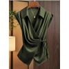 Women's Satin Wrap Blouse Dark Green Collared Sleeveless Tie Waist