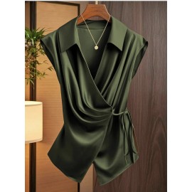 Women's Satin Wrap Blouse Dark Green Collared Sleeveless Tie Waist Ruched TopColor: Army Green, Size: L