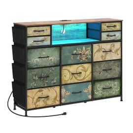 Tohomeor Dresser with Charging Station & LED Light Dresser with Fabric Drawers for Bedroom Chest of Drawers TV Stand with Power Oulet Retro Dresser with Open Shelf Nursery Storage (13 Drawers)