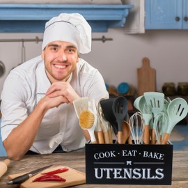 LIBODOUR Utensil Holder,Large Wooden Utensil Holder For Kitchen Counter,Cooking Spatula Organizer,Big Storage Caddy With 3 Compartments Flatware Spoon Tool Cutlery（Black）