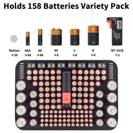 Battery Organizer Box Storage Case with Tester, Batteries Vault Holder Bag Container for 158+ Batteries Variety Pack AA AAA AAAA C D 9V 3V Lithium LR44 CR2 CR123 CR1632 18650 (Black)