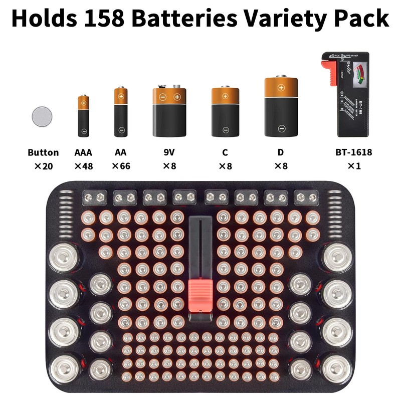 Battery Organizer Box Storage Case with Tester, Batteries Vault Holder