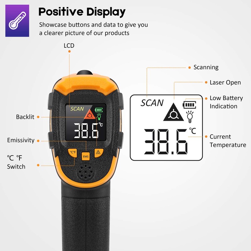 Infrared Thermometer Non-Contact Digital Laser Temperature Gun -58℉～1112℉(-50℃～600℃) Adjustable Emissivity