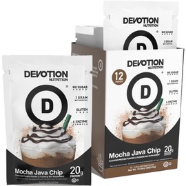 Devotion Nutrition Protein Powder Blend | Gluten Free, Keto Friendly, No Added Sugars | 1g MCT | 20g Whey & Micellar Protein | 12 Single Serving Packets (Mocha Java Chip)