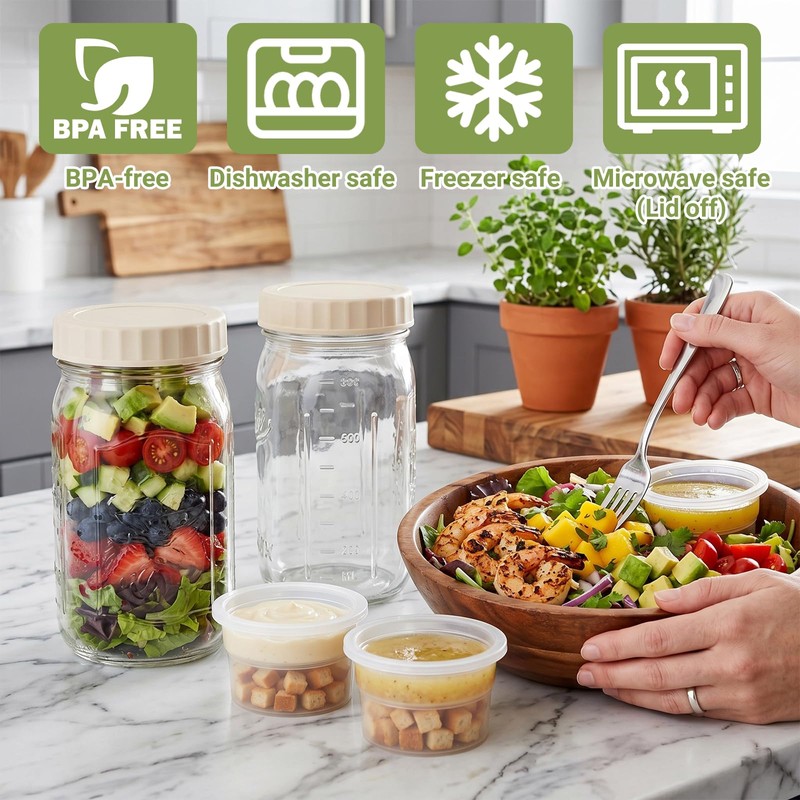 32oz Wide-Mouth Glass Salad Jars 2-Pack with Ivory Plastic Lids