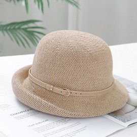 XGOPTS Women's Summer Cloche Sun Straw Hat Foldable Short Brim Straw Hat Roll-up Bucket Hats with Metal Buckle Decoration Summer Outdoor UV-Protection Straw Cap for Beach Holiday Traveling Khaki