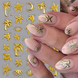 Gold Nail Art Stickers 5D Embossed Metallic Flowers Nail Stickers Bronzing Coconut Trees Turtle Starfish Nail Design Summer Nails Decals for Women Girls DIY Nails Decoration Accessories 2Pcs