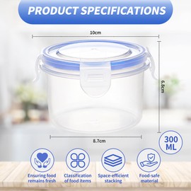 Pack of 6 300 ml Round Food Storage Containers, Airtight Food Storage Containers, Plastic Bowl Leak-Proof, Meal Prep Boxes, Plastic Storage Containers, Freezer Boxes, Storage Box Kitchen
