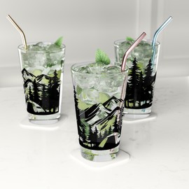 Nature Themed Pint Glasses Set of 2, Forest Silhouette Pint Glasses in Unique Designs (Camping Tent)