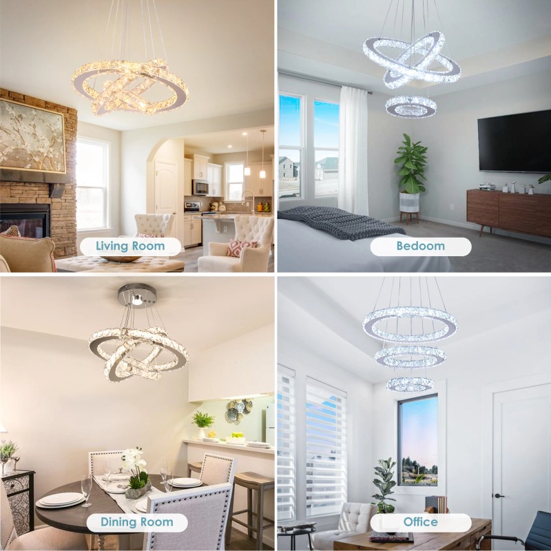 Dimmable LED K9 Crystal Chandelier 3-Ring Pendant Light with Remote