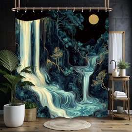 Miyotaa Abstract Waterfall Moon Shower Curtain Set 60Wx71H Inches Night Teal Dark Green Aesthetic Modern Scene Polyester Waterproof Bathroom Curtain with 12 Hooks