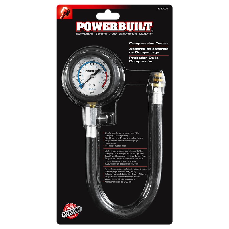Powerbuilt Compression Tester, 14mm & 18mm Spark Plug Threads, Up
