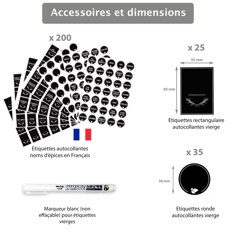 Etiquette Epices Francais - 200 etichette autoadesive barattoli, 60 vergini