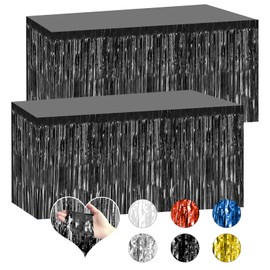 Bouiexye 2 Pack 29.5x108 Inch Black Foil Tinsel Fringe Table Skirts, Disposable Table Skirts for Rectangle Tables Curtains Backdrop Parade Wedding Floats Baby Shower Birthday Mardi Gras Party