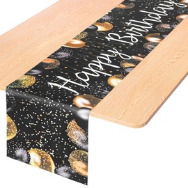 HJZHII Happy Birthday Table Runner, 72×13In Vintage Black Gold Birthday Table Runner Birthdays Dining Linen Tables Decoration for Men Women Indoor Outdoor Home Party